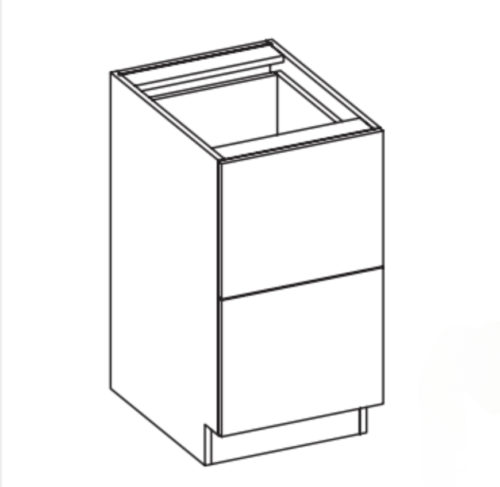 Line drawing of a two-drawer cabinet base.